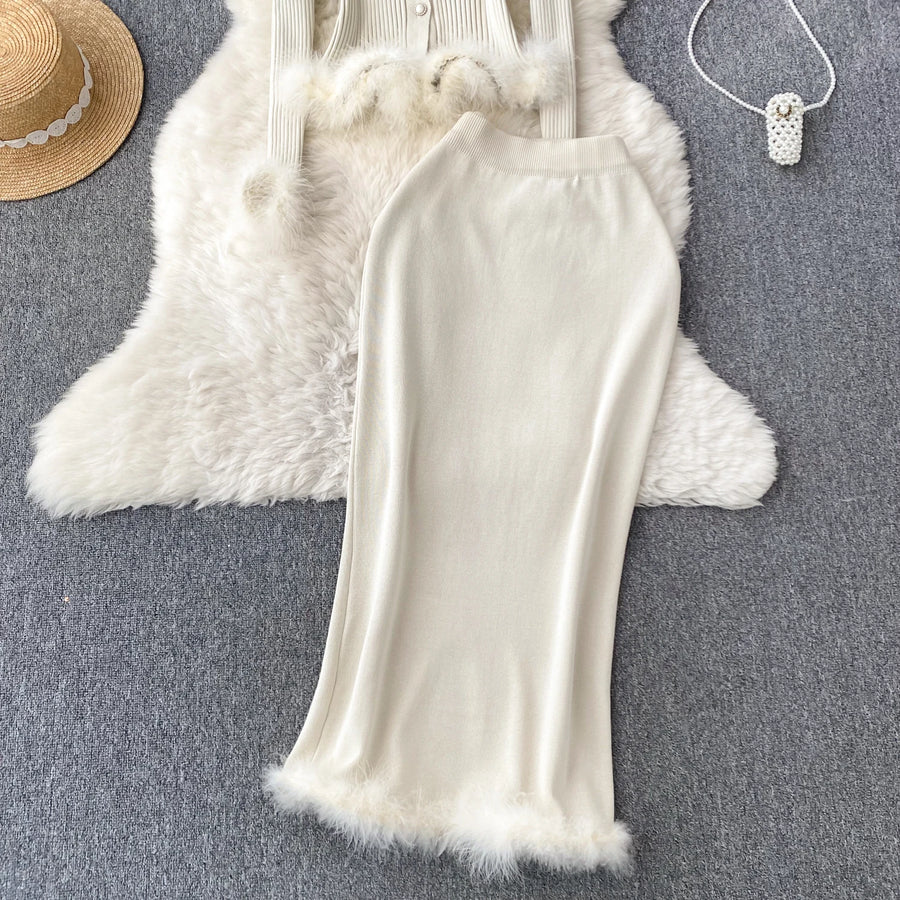 Basic Sets V-Neck Button-Down Knitted Blouse + High Quality Elastic Waist Bodycon Skirt