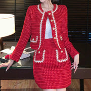 Autumn Winter Fashion Plaid Red Tweed Two Piece Set Women Pearls Single Breasted Fringed Woolen Jackets Coat + Pocket Mini Skirt