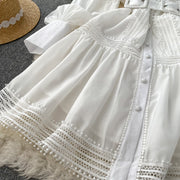 High Quality Stand Collar Puff Long Sleeve Button A Line Short Dress