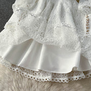 Vintage Flowers Embroidered Hollow Out Lace Dress High Neck Long Lantern Sleeve High Quality Pearl Buttons