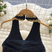 French V-neck, halterneck, backless short dress with fitted belt with high quality beads and sequins