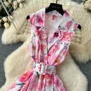 Elegant French vintage style sleeveless dress with high quality floral print