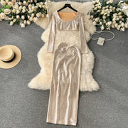 Vintage Two Piece Skirt Sets O-neck Long Sleeve Crop T-shirt and High Waist Hip Wrap Skirt High Quality