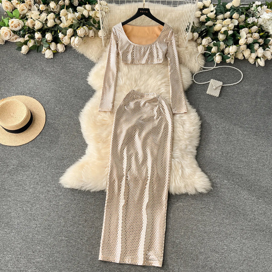 Vintage Two Piece Skirt Sets O-neck Long Sleeve Crop T-shirt and High Waist Hip Wrap Skirt High Quality