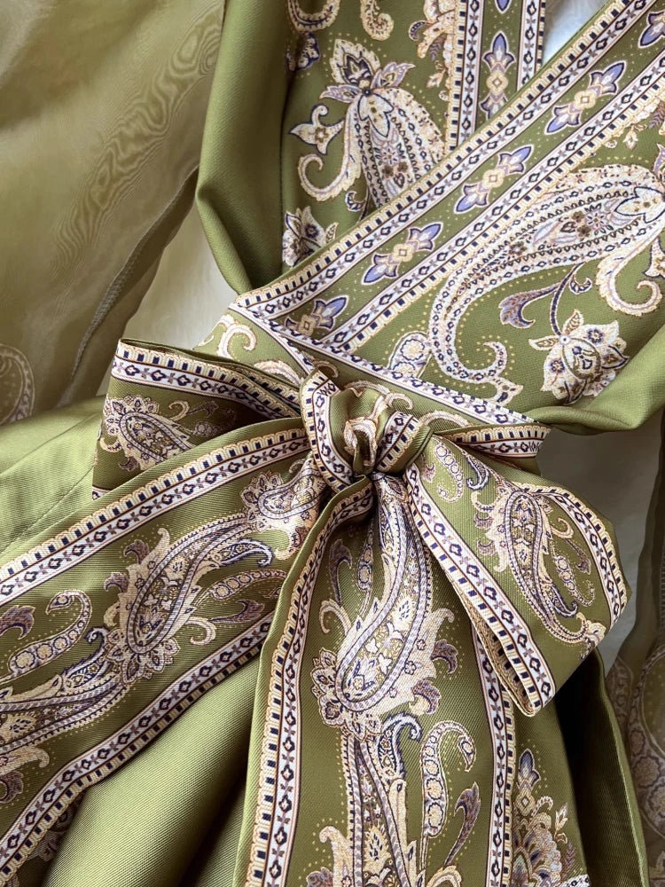 High-quality paisley print patchwork wrap puff sleeve maxi party dress