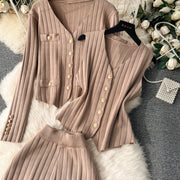 Senior Knitted Suits Fashion Metal Button Vest+V Neck Long Sleeves Cardigans+Wide Legs Pants Stripe Three Pieces Sets