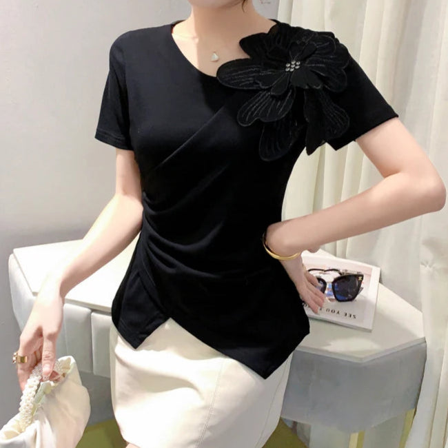 High Quality Pleated Cross Slash Neck Short Sleeve T-shirts