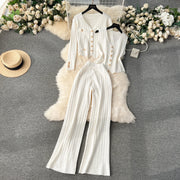 Senior Knitted Suits Fashion Metal Button Vest+V Neck Long Sleeves Cardigans+Wide Legs Pants Stripe Three Pieces Sets