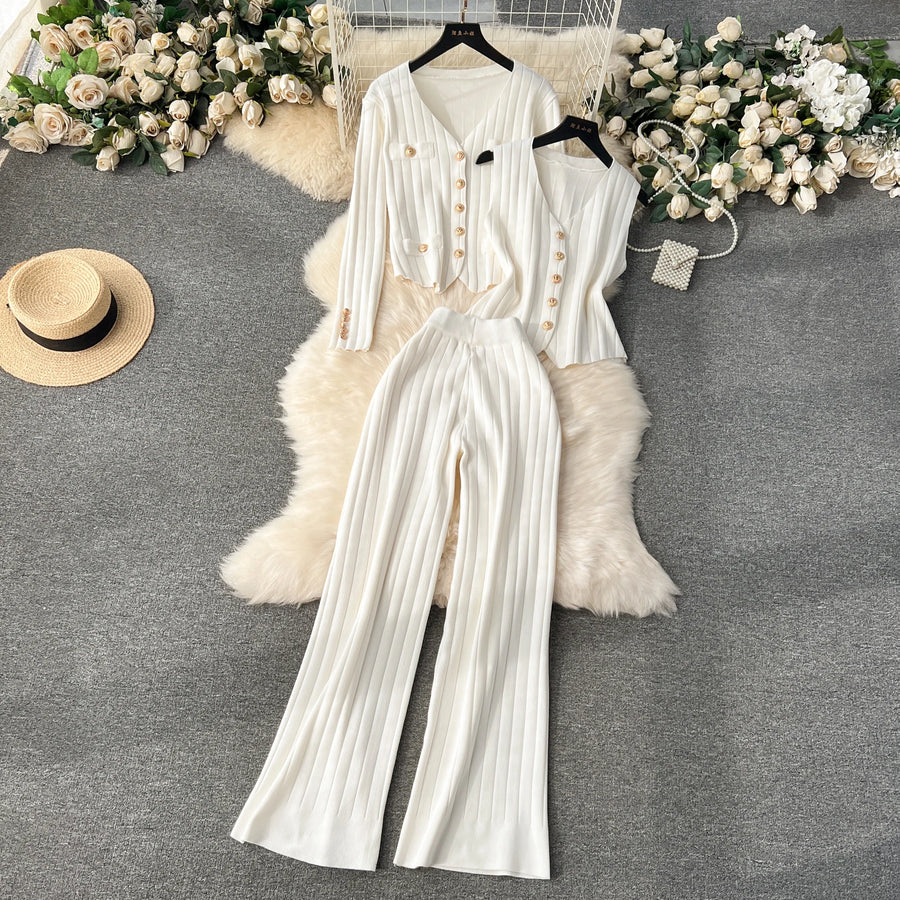 Senior Knitted Suits Fashion Metal Button Vest+V Neck Long Sleeves Cardigans+Wide Legs Pants Stripe Three Pieces Sets