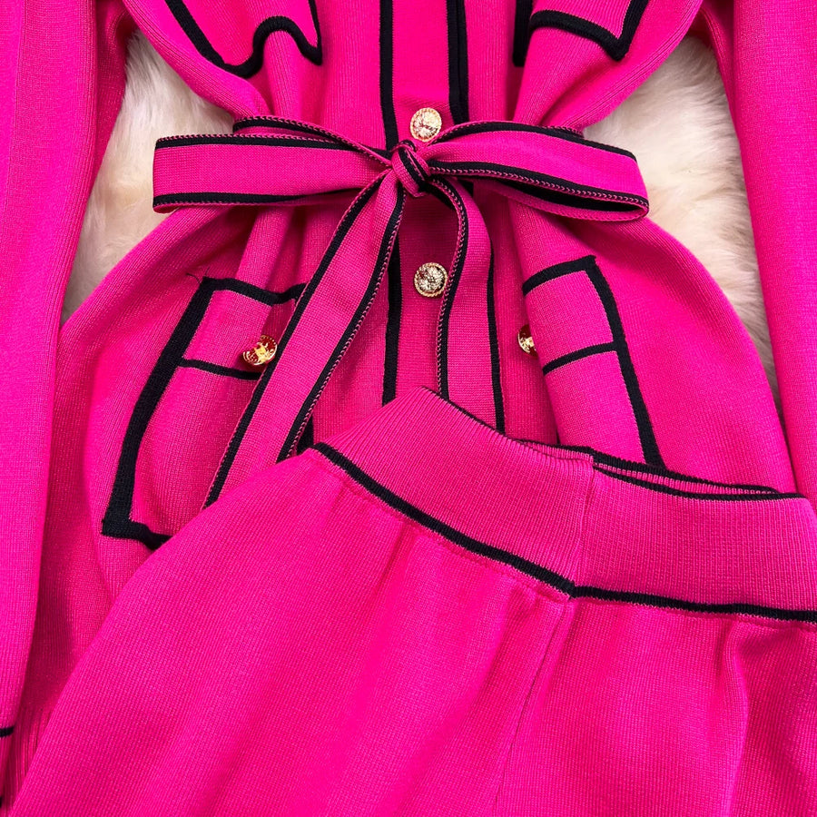 Women's Two-Piece Set Long-Sleeved Lace-up Waist V-Neck Mid-Length Knitted Cardigan Coat + Wide-Leg Pants