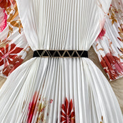 High Quality High Waist Short Sleeve Color Print Pleated O-Neck Dress