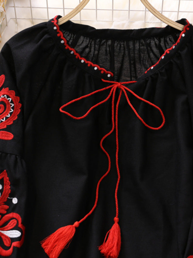 High Quality Lantern Sleeve V Neck Embroidery Shirt