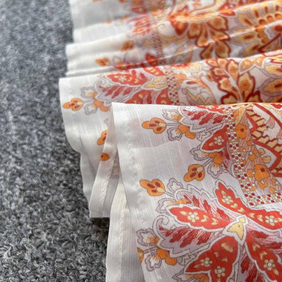 Retro bohemian paisley print dress with long lantern sleeves and high quality belt