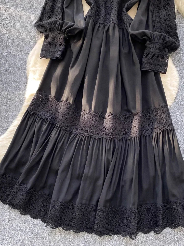 Elegant French vintage style high neck long sleeve evening dress with high quality lace openwork and splicing