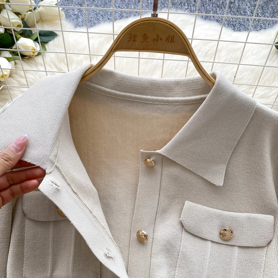 High quality two piece outfits with long sleeves and turn-down collar, buttons and pencil skirt