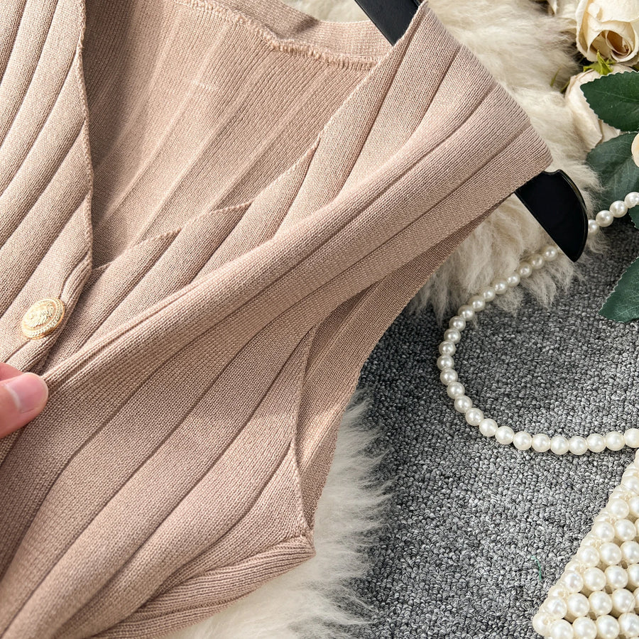 Senior Knitted Suits Fashion Metal Button Vest+V Neck Long Sleeves Cardigans+Wide Legs Pants Stripe Three Pieces Sets