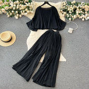 Casual Two Piece Set Loose Shirt+High Waist Straight Pants