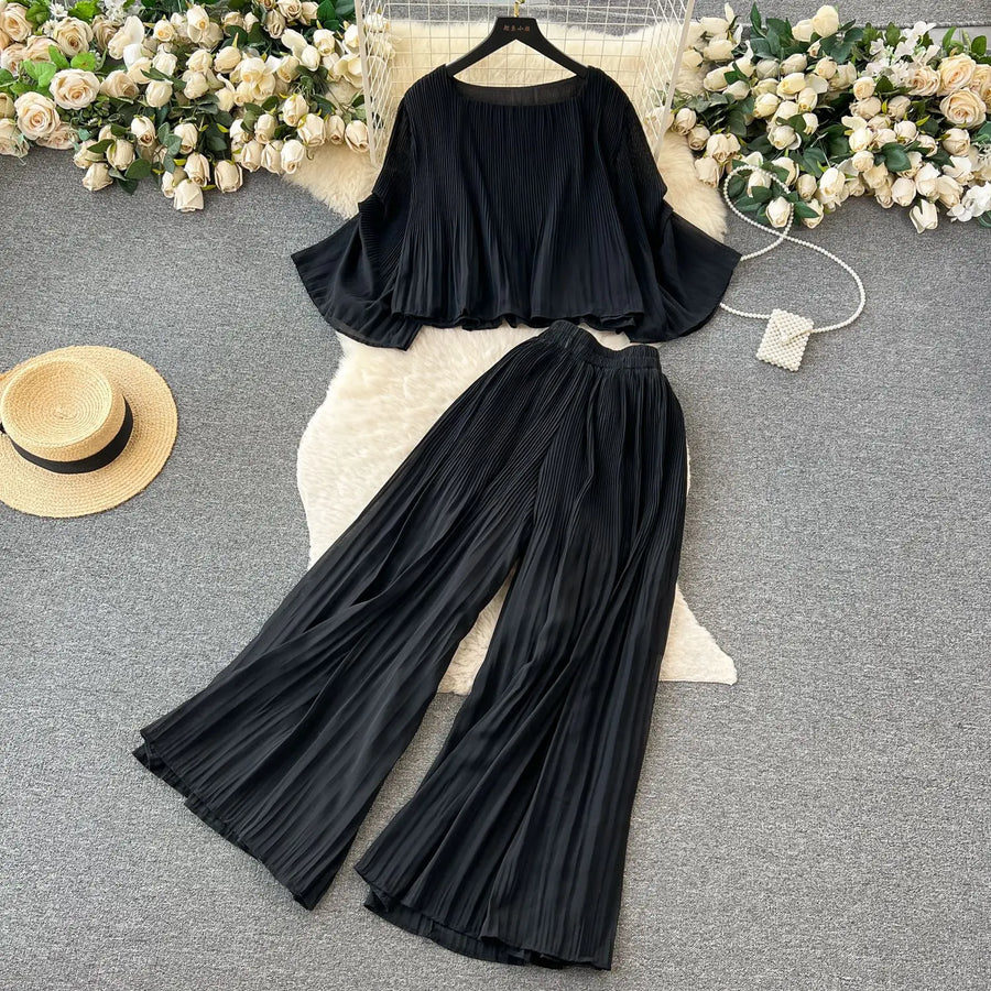 Casual Two Piece Set Loose Shirt+High Waist Straight Pants