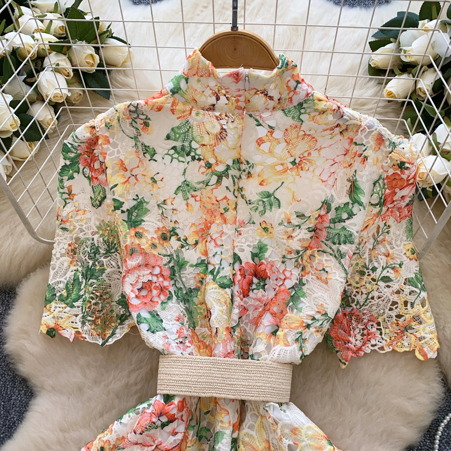 Elegant French style short dress with high quality vintage floral print