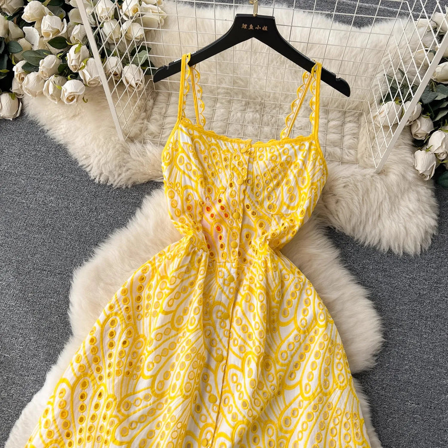 Quality Spaghetti Straps Ruffles Backless Sexy Hollow Out Embroidery Dress