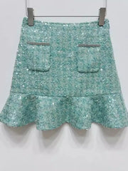 Shiny Diamonds Sequins Elegant Slim Fit Office Ladies Tweed Short Jacket High Waist A-Line Skirts Women Fashion Two Piece Set