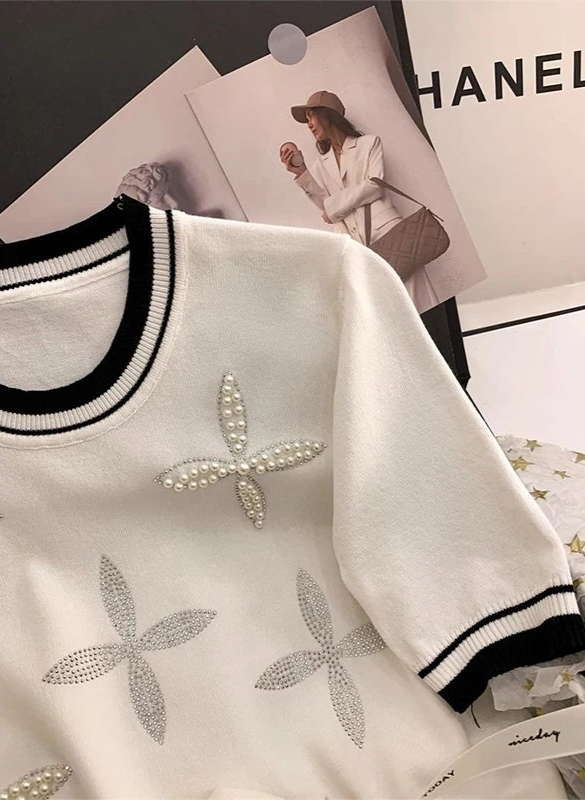 Patchwork Short Sleeve Round Neck Beaded Knitted T-shirt