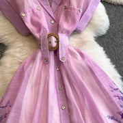 Summer Women Printed Long Dress Beach Vacation Notched Collar Single Breasted Short Sleeve A-Line Maxi Vestidos Female Robe