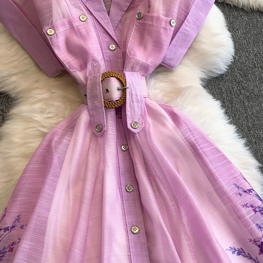 Summer Women Printed Long Dress Beach Vacation Notched Collar Single Breasted Short Sleeve A-Line Maxi Vestidos Female Robe