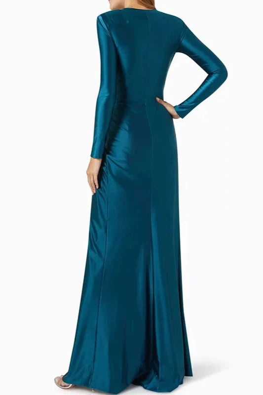 Women's Solid Color Pleated Split Front Tied Waist Bodycon Long Sleeves Deep V Neck Maxi Party Dresses