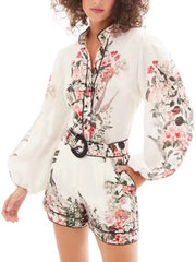 Printed set stand collar long sleeve tops+high quality loose shorts