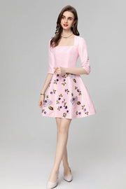 High Quality Elegant Flower Embroidery Pink Black Square Collar Half Sleeve Women Mini Dress