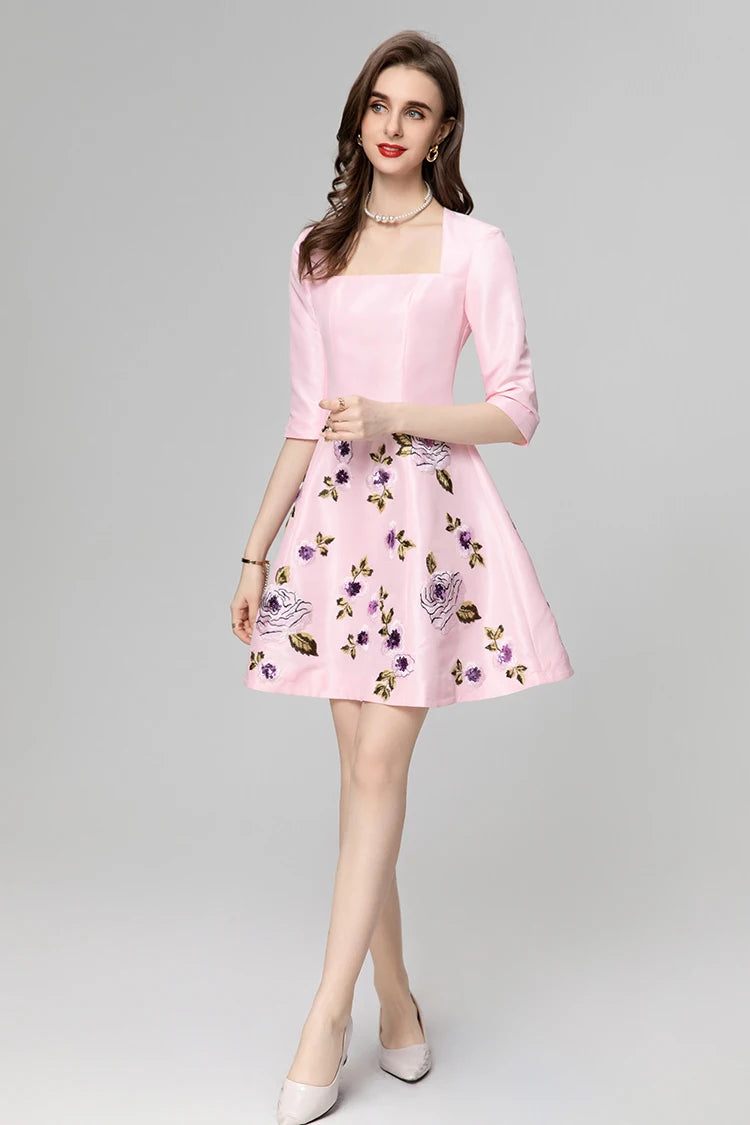 High Quality Elegant Flower Embroidery Pink Black Square Collar Half Sleeve Women Mini Dress