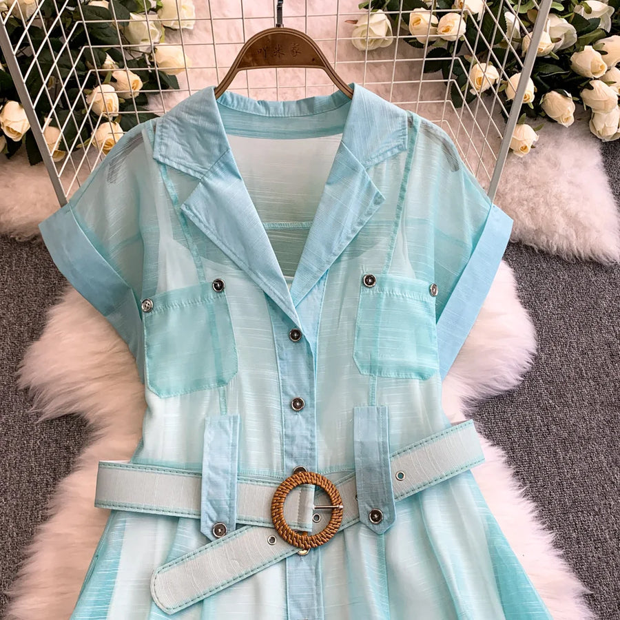 Summer Women Printed Long Dress Beach Vacation Notched Collar Single Breasted Short Sleeve A-Line Maxi Vestidos Female Robe