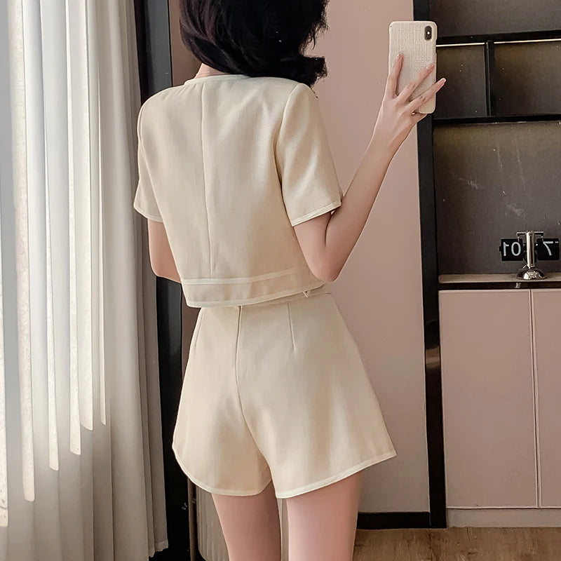 Two 2 Piece Shorts Sets Women Tweed Shorts Suits Office Ladies Single-Breasted Short Sleeve Jacket Coat High Waist Shorts S-XL
