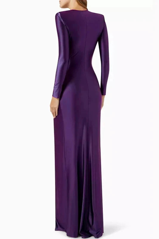 Women's Solid Color Pleated Split Front Tied Waist Bodycon Long Sleeves Deep V Neck Maxi Party Dresses