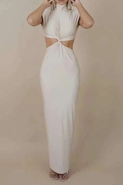 High Quality Plain Sleeveless Bodycon Hollow Out Turtleneck Sexy Long Dress