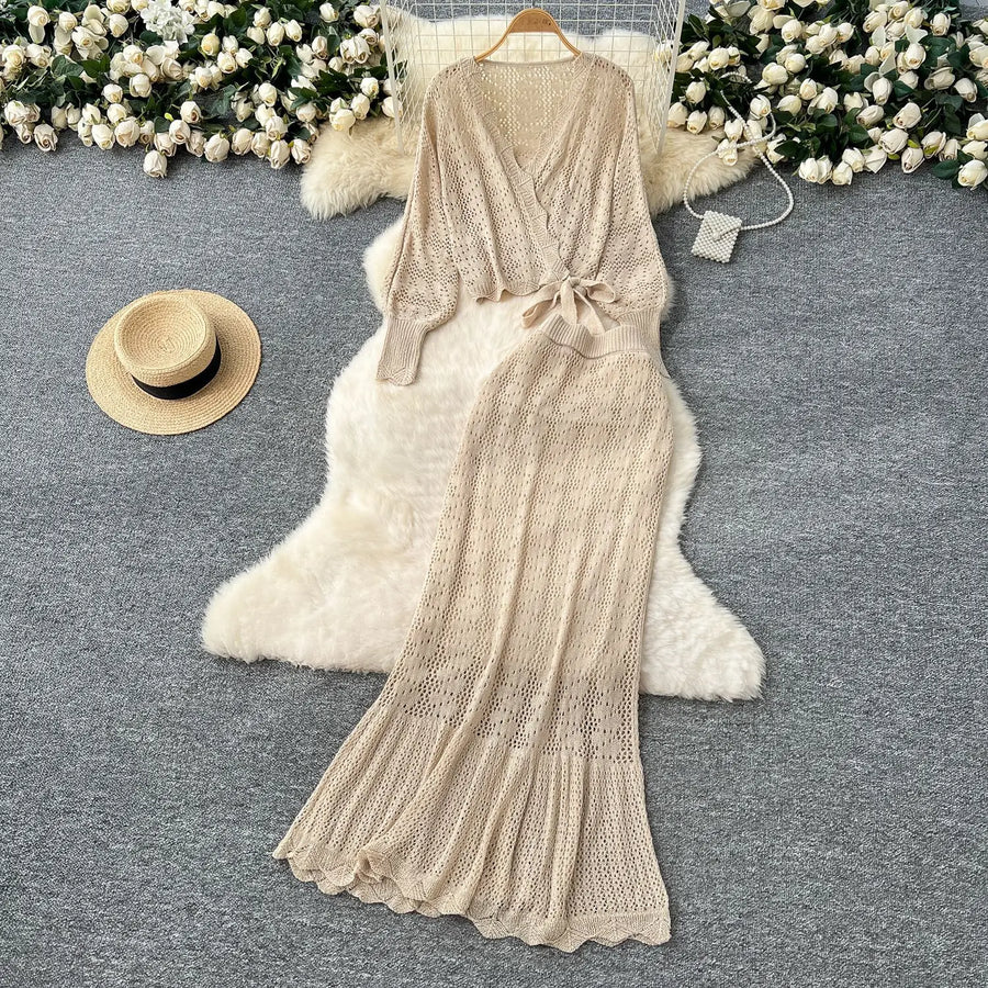 Two Piece Sets Women Skirt Set Full Sleeve Tops Long Skirts A Line High Waist  Streetwear Hollow Out Knit Work Autumn