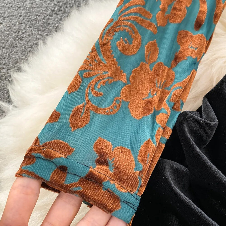 High Quality High Waist V Neck Elegant Print Pleated Pencil Dress