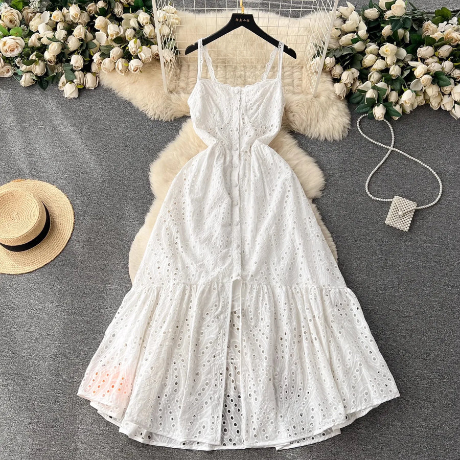 Quality Spaghetti Straps Ruffles Backless Sexy Hollow Out Embroidery Dress