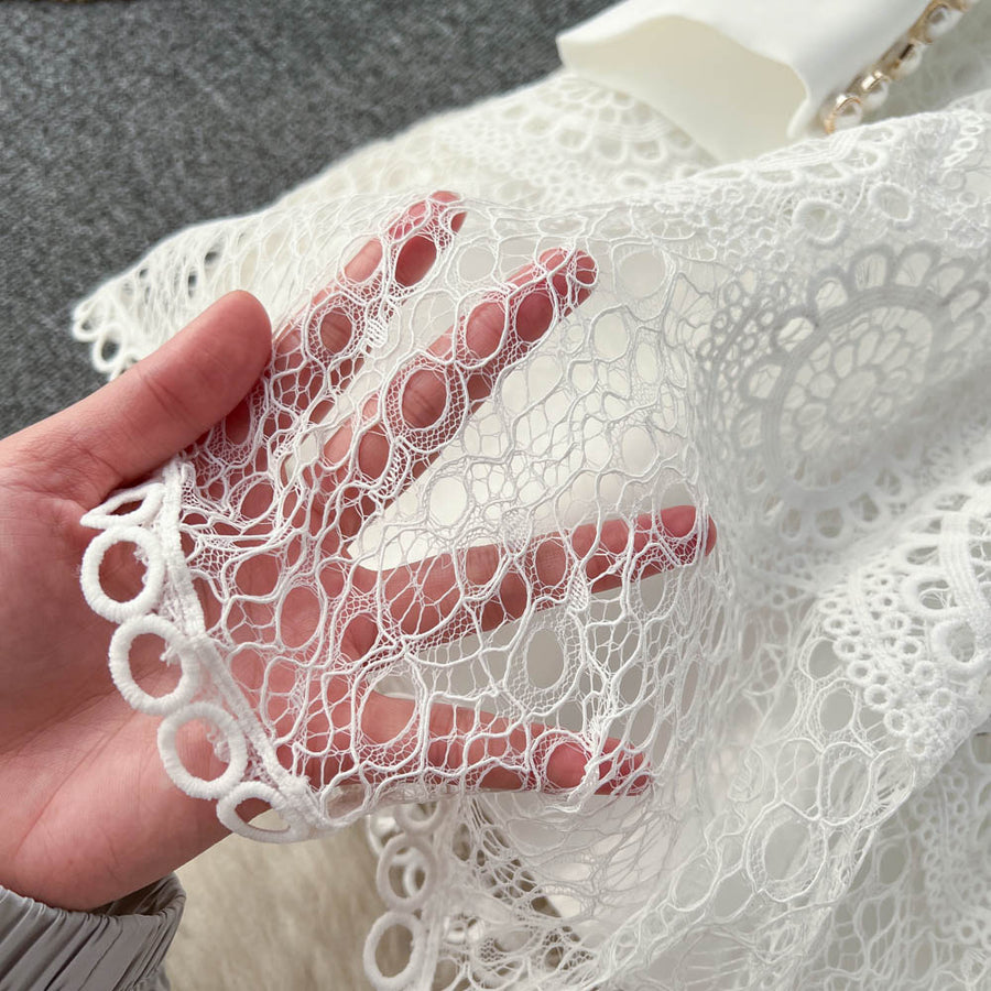 Vintage Flowers Embroidered Hollow Out Lace Dress High Neck Long Lantern Sleeve High Quality Pearl Buttons