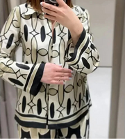 Women's Geometric Print Shirt Pants Suit V-neck Long Sleeves Top High Waist Hidden Zip Straight Leg Pants Female Chic Set