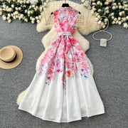 Elegant French vintage style sleeveless dress with high quality floral print