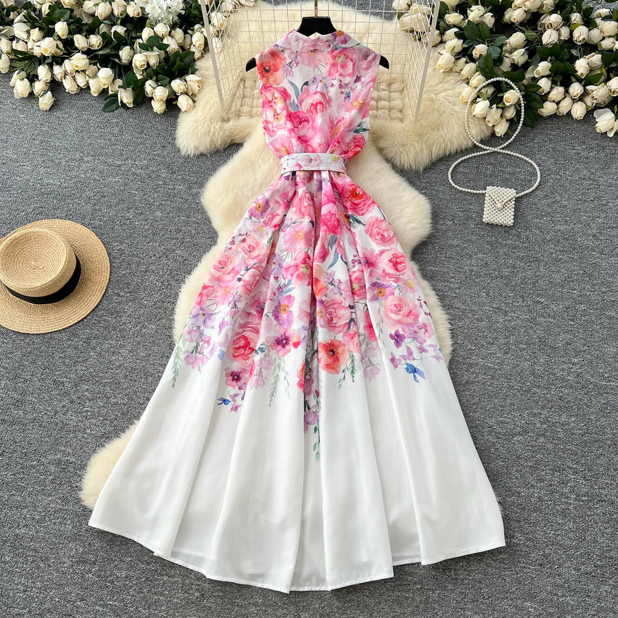 Elegant French vintage style sleeveless dress with high quality floral print