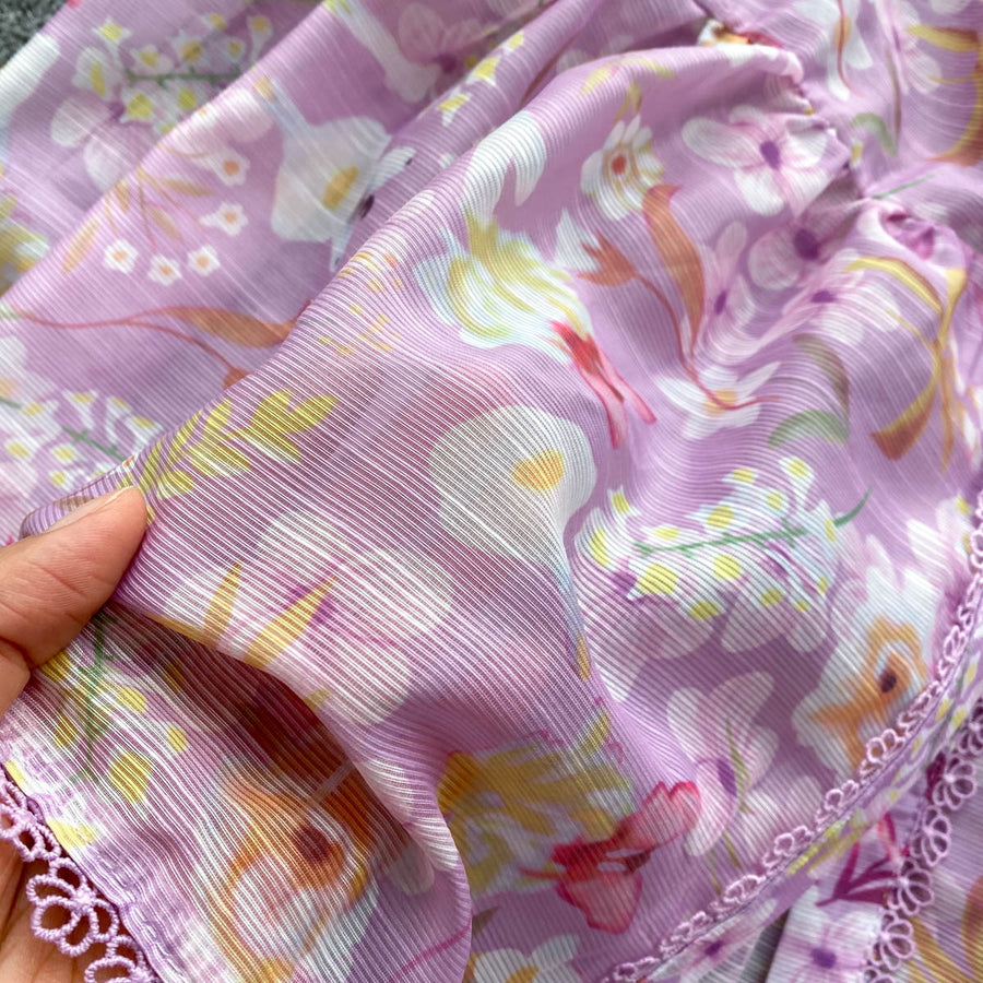 High Quality Belted Lantern Sleeve High Neck Floral Dress