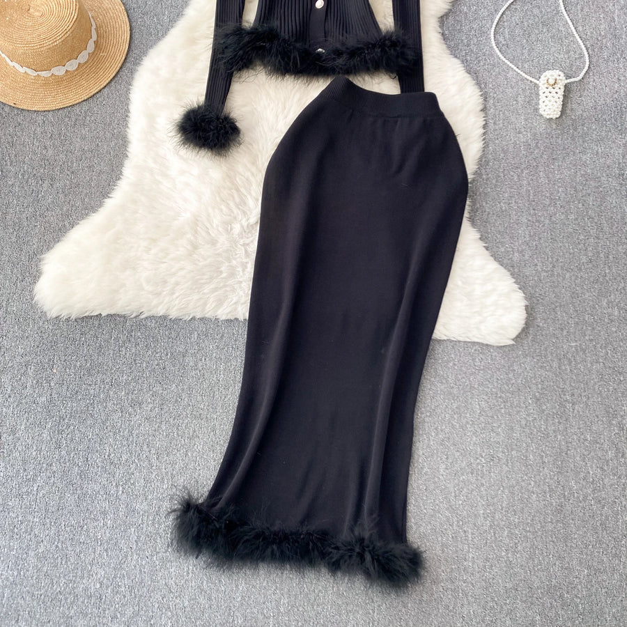 Basic Sets V-Neck Button-Down Knitted Blouse + High Quality Elastic Waist Bodycon Skirt