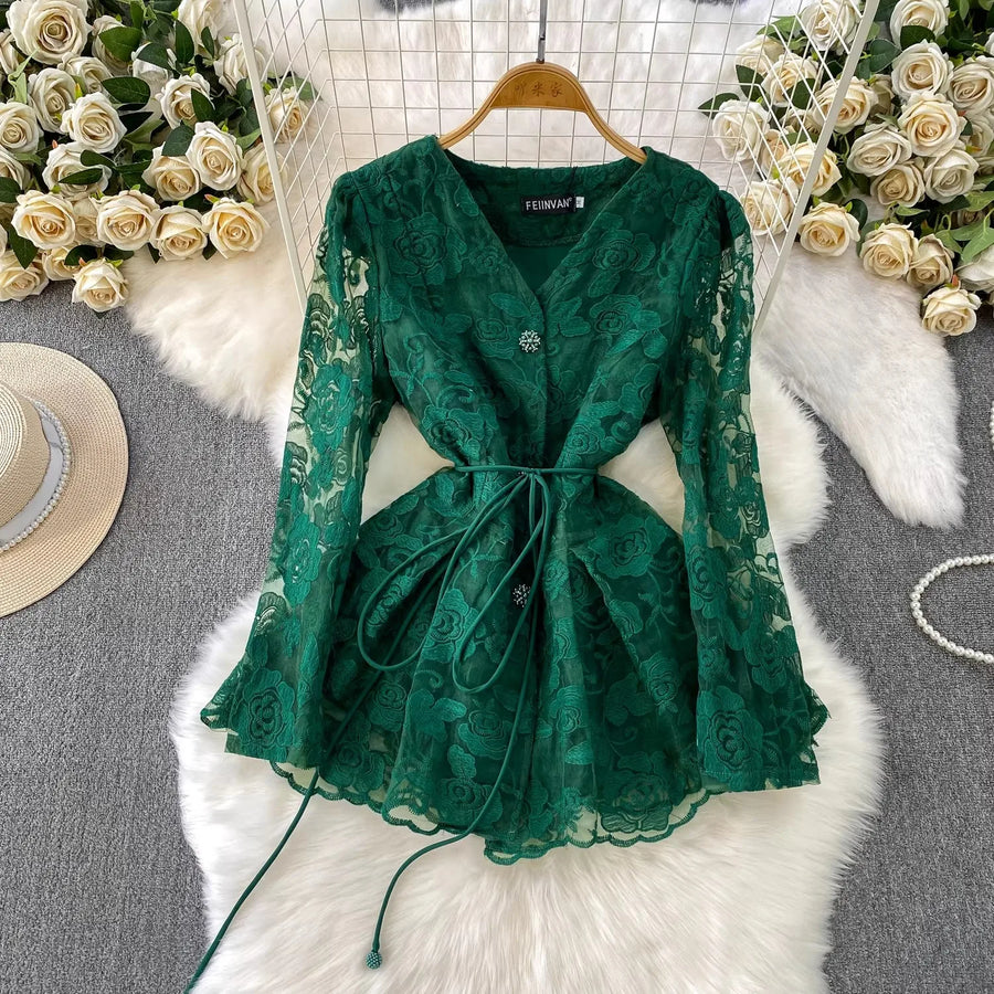 Embroidery Mesh 2 Pieces Set Women Hollow Out Sashes Shirt Tops + Elastic Waist A-Line Long Skirts Suit Autumn Ladies Outfit