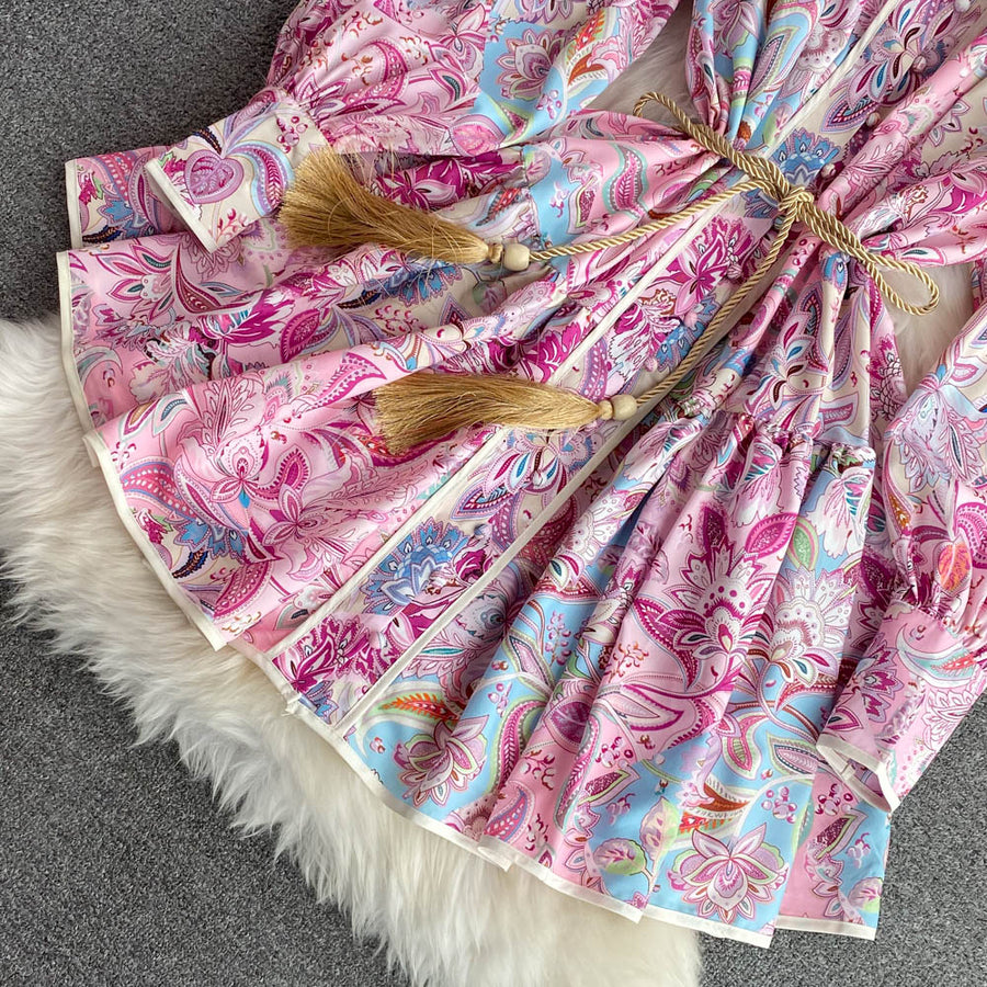 High Quality Big Hem Long Sleeve Turtleneck Printed Dress