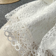 Vintage Flowers Embroidered Hollow Out Lace Dress High Neck Long Lantern Sleeve High Quality Pearl Buttons