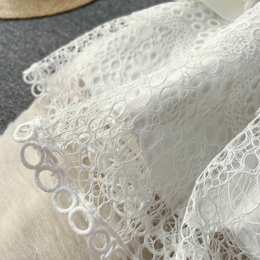 Vintage Flowers Embroidered Hollow Out Lace Dress High Neck Long Lantern Sleeve High Quality Pearl Buttons