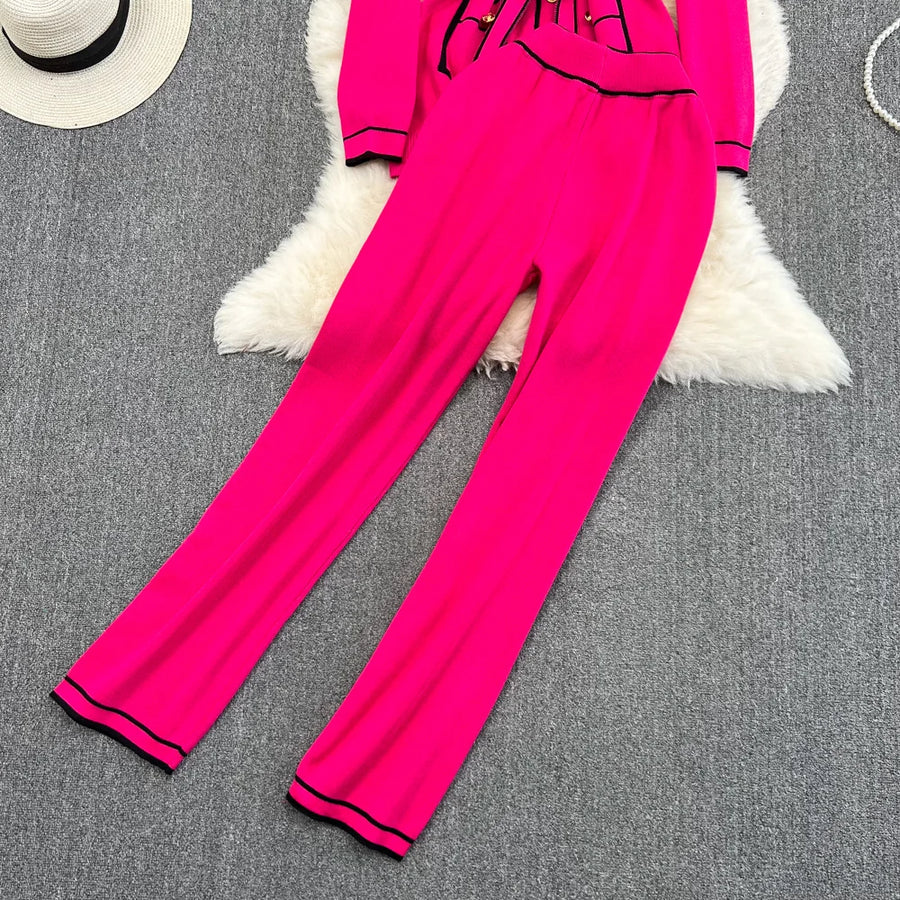 Women's Two-Piece Set Long-Sleeved Lace-up Waist V-Neck Mid-Length Knitted Cardigan Coat + Wide-Leg Pants